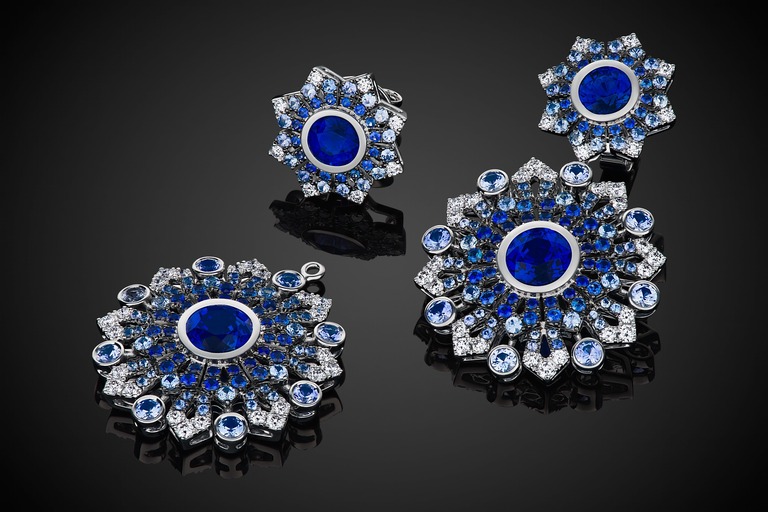 Professional jewelry photography of earrings with sapphires by Arjuna Irsutti