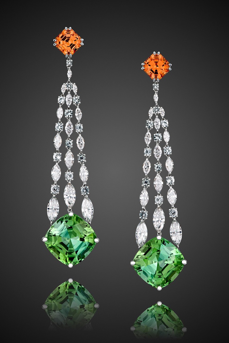 Professional jewelry photography of earrings with tourmaline and spessartite by Arjuna Irsutti