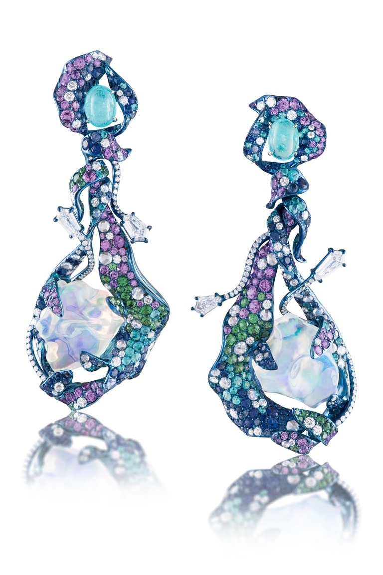 Professional jewelry photography of earrings with water opal by Arjuna Irsutti