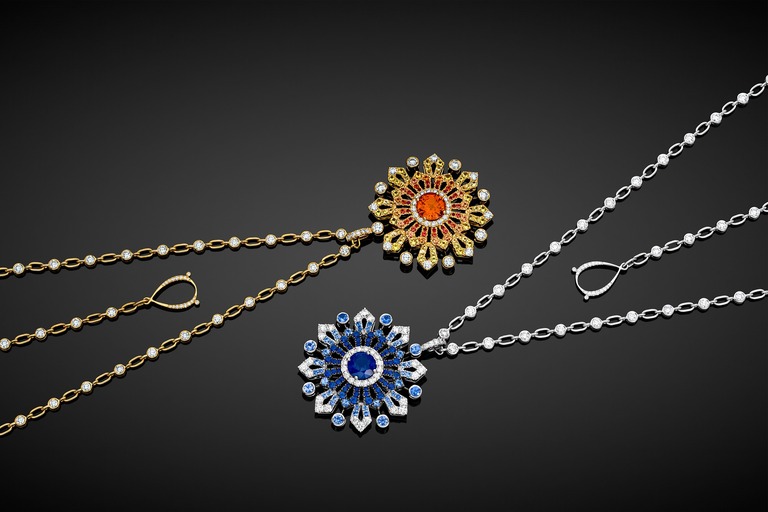 Professional jewelry photography of a necklace with sapphire and spessartite by Arjuna Irsutti