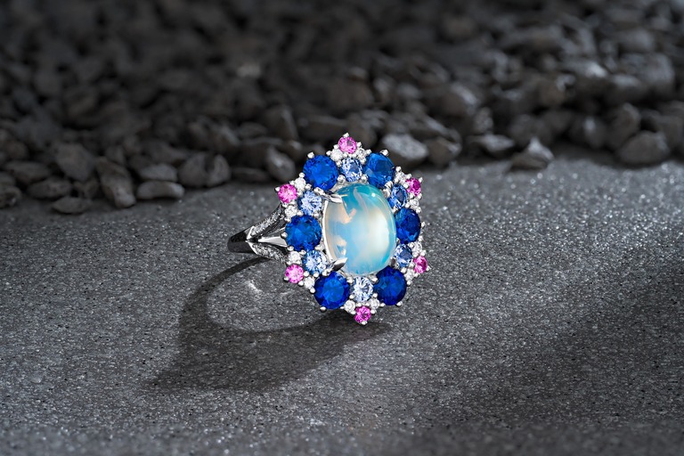 Professional jewelry photography of a ring with moonstone by Arjuna Irsutti