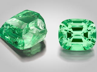 Professional gem photography of a rough and faceted tsavorite by Arjuna Irsutti