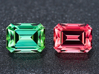 Professional gem photography of green and red mismatch tourmaline pair by Arjuna Irsutti