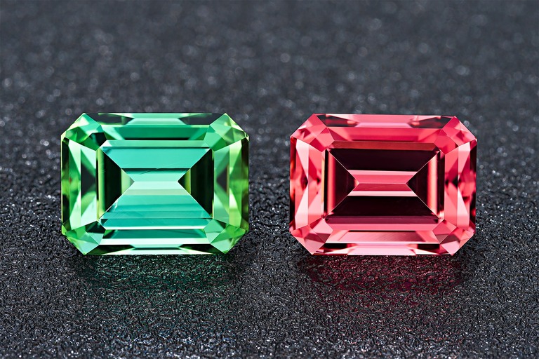 Professional gem photography of green and red mismatch tourmaline pair by Arjuna Irsutti